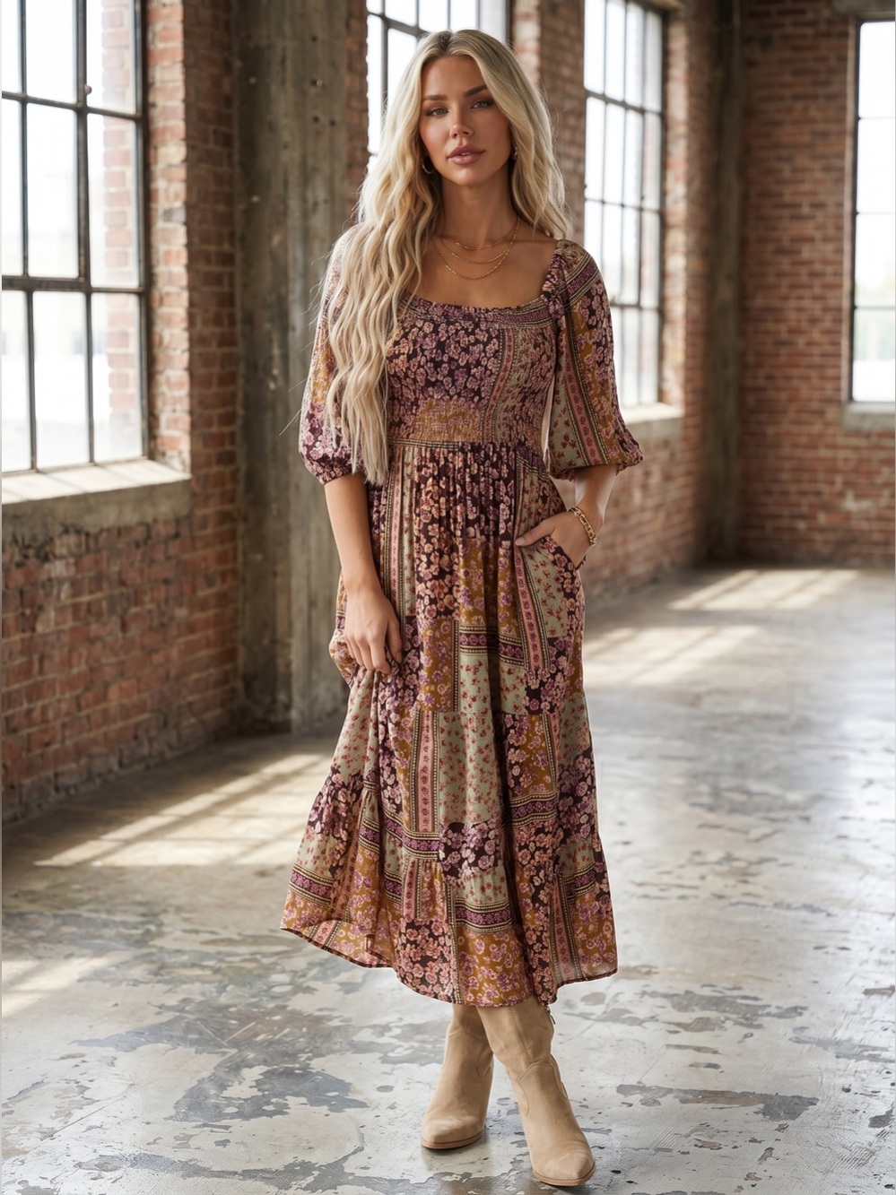 NWT Boho Mixed Floral Patchwork Print Smocked Balloon Sleeve Maxi Midi Dress - Picture 2 of 9